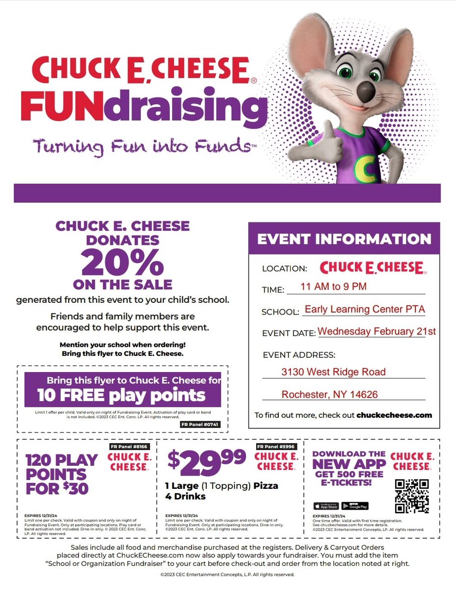 QianaPerry79's tweet photo. #CommunitySchools & The ELC PTA is so excited about this.
February I Family l Fundraiser I FUN
20% of the proceeds go to the ELC PTA. TYIA!
#FebruaryBreak #RECESS @GreeceELC @GCSDcommschools @NYSPTA @CenterForYouth @mikejferris2 @GCSDsuper @ChuckECheese #Family @valeriekpaine https://t.co/jiVDEgfIov