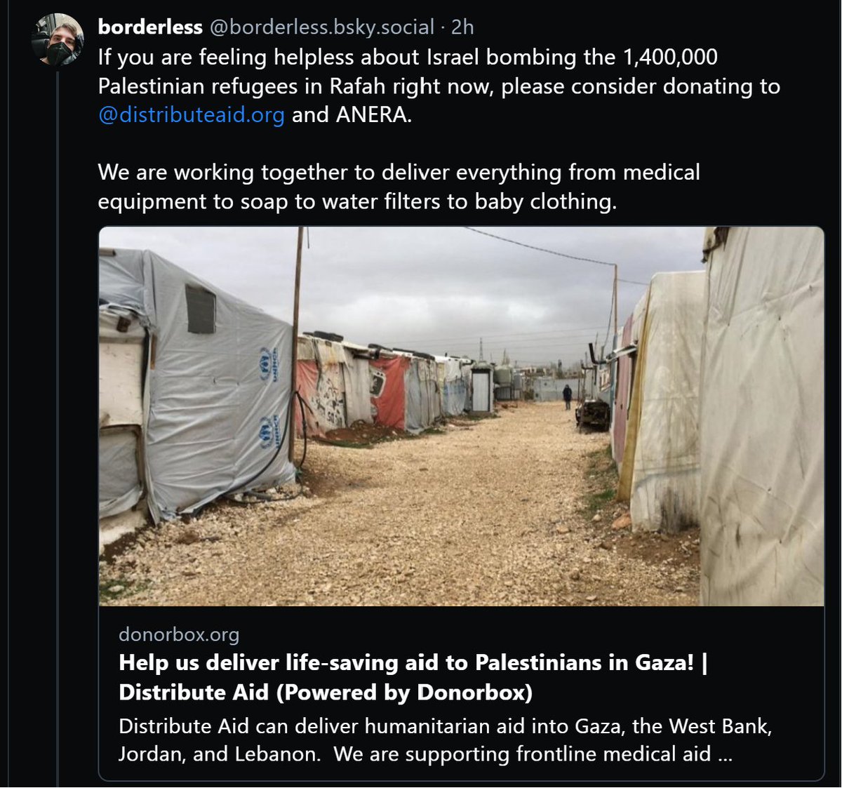 via @ / borderless on the other app. If you would like to help Palestinians, pls consider donating to @DistributeAid and ANERA. They are working to deliver supplies like medical equipment, soap, clean water, clothing, etc. Link here: donorbox.org/help-distribut…