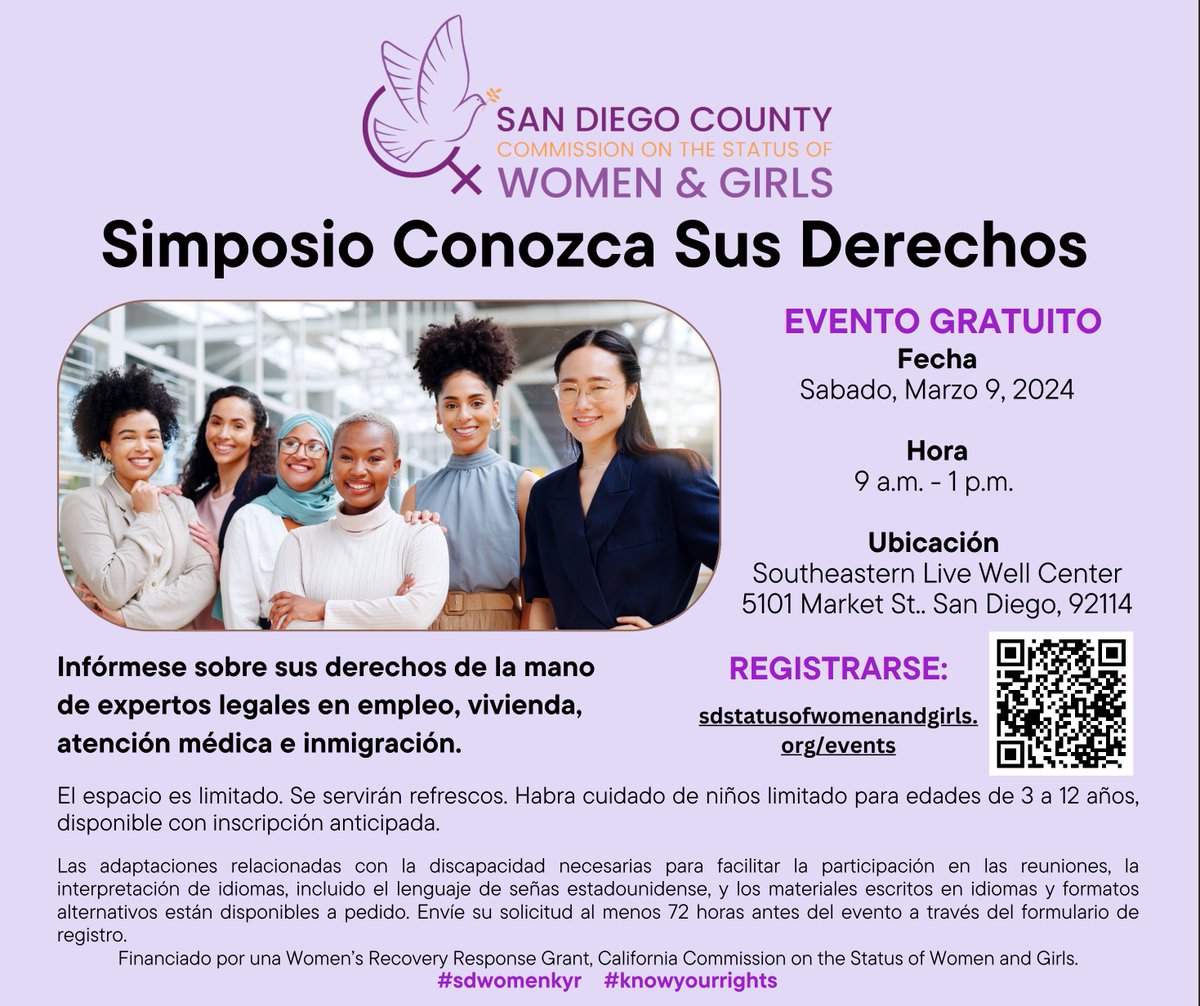 SDCSWG's tweet image. La Comisión de la Condición Jurídica y Social de la Mujer y la Niña se enorgullece de ser anfitriona del Simposio Conozca Sus Derechos el 3/9! Este evento gratis, abordará el empleo, la vivienda, la atención médica y los derechos de inmigración. bit.ly/48bBp1s