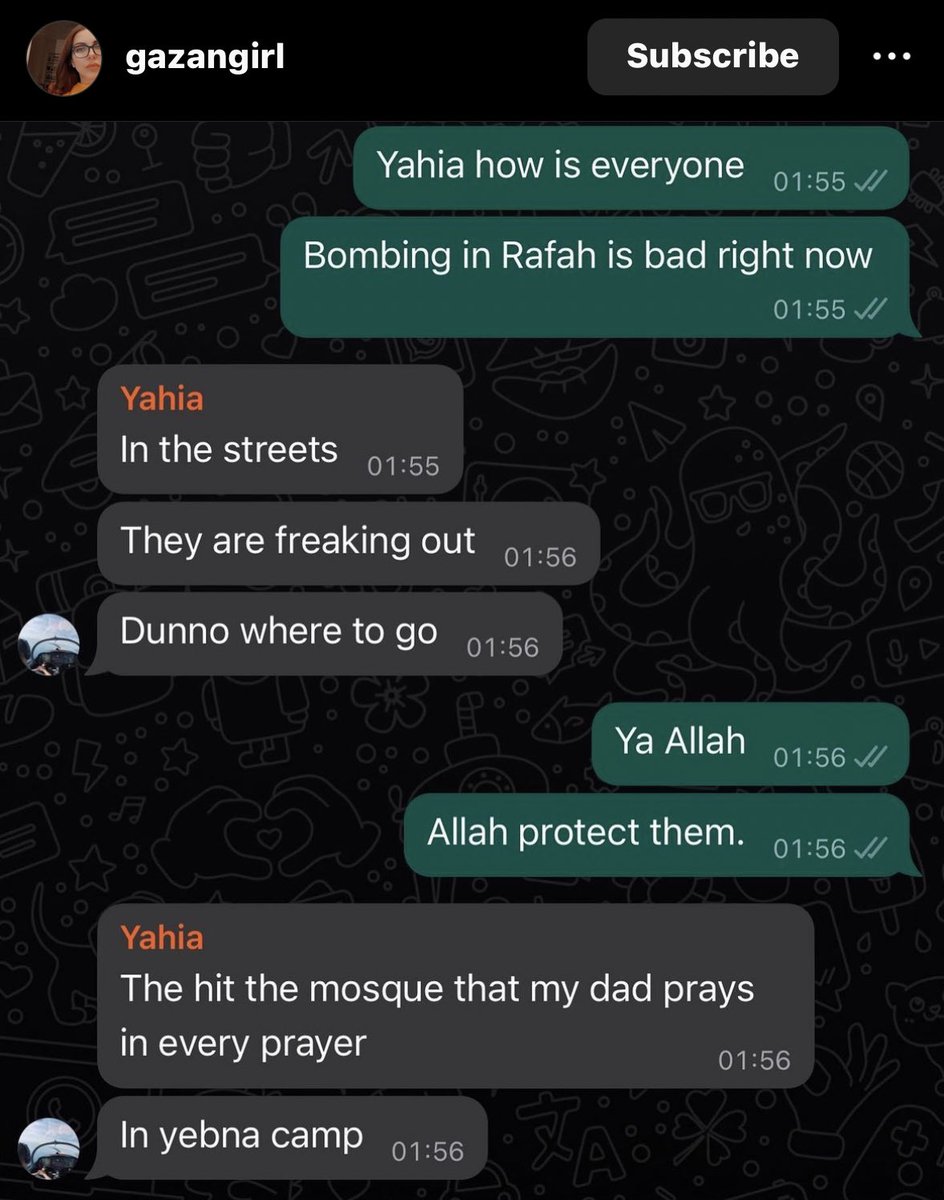 missfalsteenia's tweet photo. She’s texting her family in Rafah. They have no where to go. There is no where safe in Gaza. Israel has bombed the only alleged ‘safe zone’ https://t.co/bu19w9xyTy