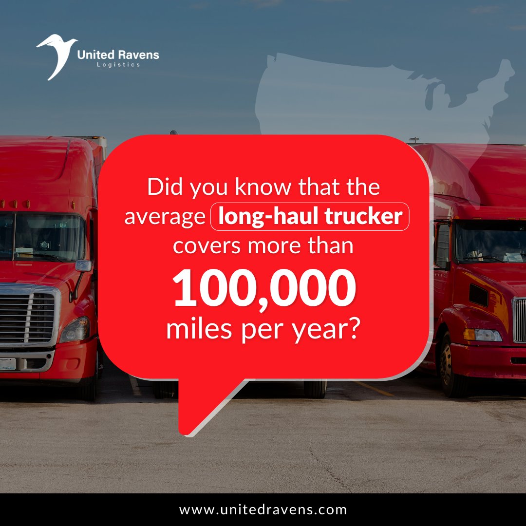 Did you know that the average long-haul trucker covers more than 100,000 miles per year? 🌐🚚

🚛Truckers play a vital role in keeping our supply chains running smoothly. 🚛
#UnitedRavens #TruckingLife #HighwayHeroes #transport  #broker #freightforwarderservice #logisticscompany