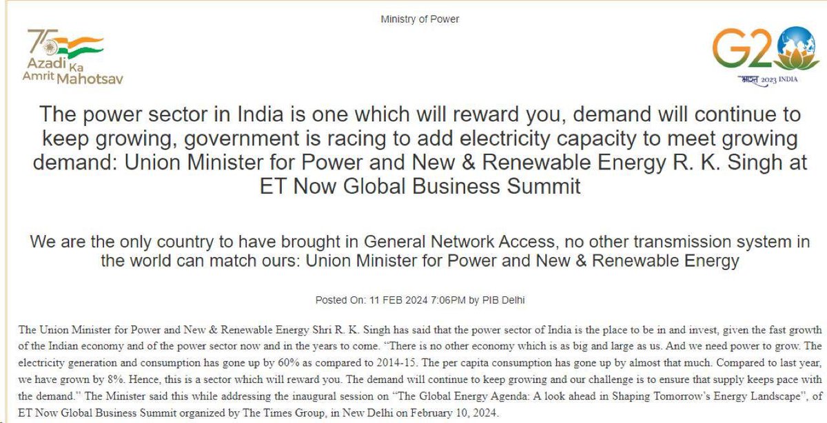 Said last year #Power sector is a decadal theme.

Now coming from the Power minister validates it.

Don’t miss it.

#powersector
#multibagger
#stockmarket
#microcapinvesting