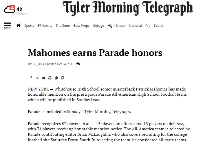 PAT MAHOMES Well, we had him on the PARADE All-American high school team one decade ago