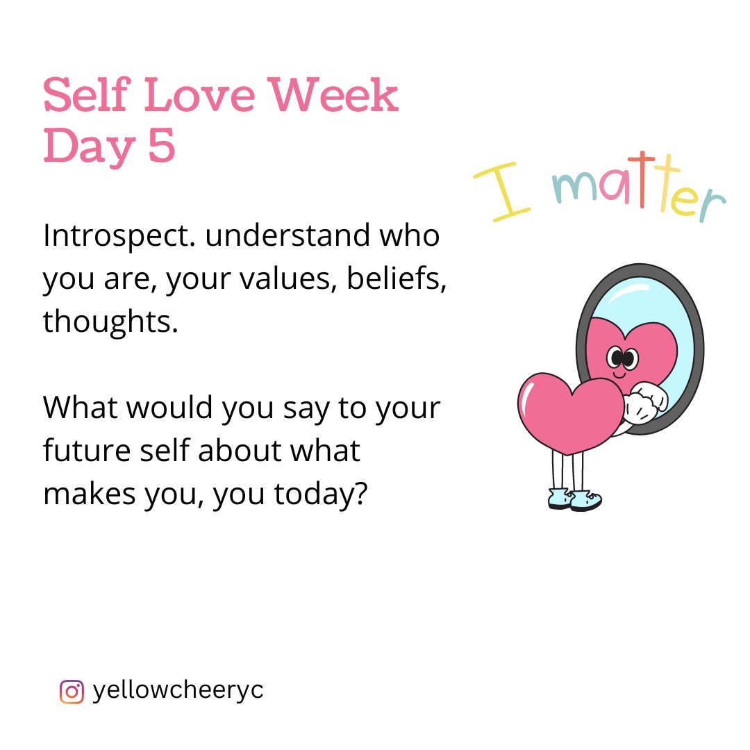yellowcheer_yc's tweet photo. Can you consciously dedicate a week to focus on being empathetic yourself? An activity for everyday that'll nudge you.
Day 5 - Understand who you are, your values, beliefs, thoughts.
#selfloveweek #mentalhealthmatters #mentalhealthawareness
#valentineweek #mondaymotivation https://t.co/hUlqa3fAWe
