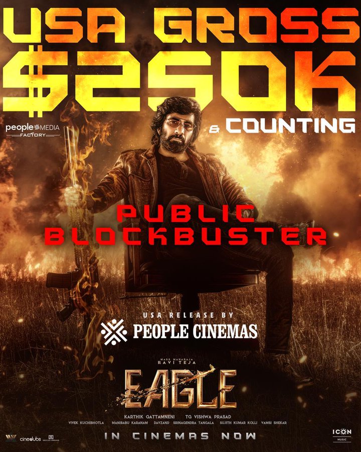 #EAGLE 🦅 grosses over $𝟐𝟓𝟎𝐊+ & Counting in USA 🇺🇸 

Watch the BLOCKBUSTER ACTION Drama on the Big Screens near you now! 🔥

US Release by @peoplecinemas ~ Book your tickets Now ✨

#PublicBlockbusterEagle 💥🔥

#EagleBlockbuster #Raviteja #Massmaharaja #Karthikgattamneni…