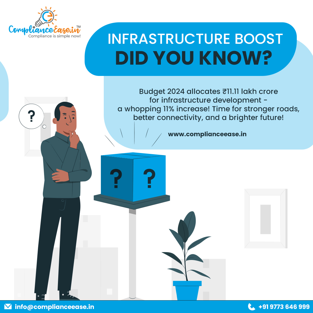 ComplianceeaseI's tweet image. Infrastructure Boost ️:
Did you know? Budget 2024 allocates ₹11.11 lakh crore for infrastructure development – a whopping 11% increase! Time for stronger roads, better connectivity, and a brighter future!

#Budget2024 #InfrastructurePush #BuildingIndia #budgeting #budget #india