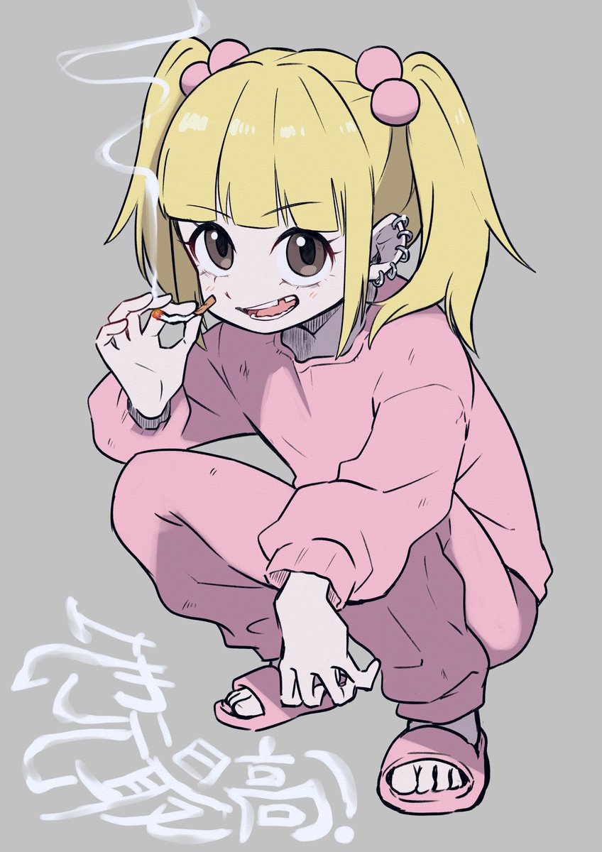 1girl blonde hair solo squatting twintails cigarette piercing  illustration images