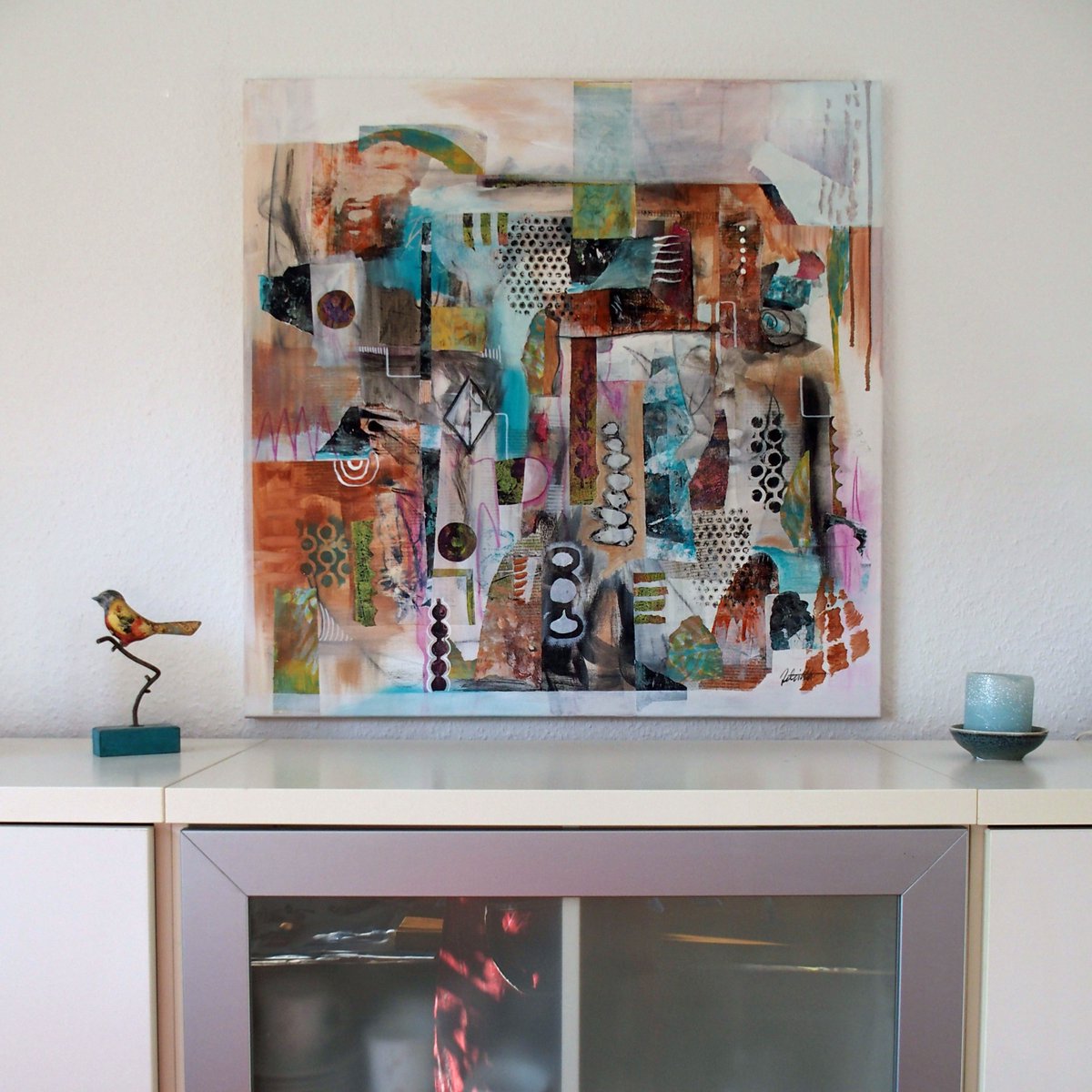 Viele neue Bilder sind entstanden. "Ein leuchtender Tag im Januar", #mixedmedia auf Leinwand, 80 x 80. #Kunst #collage #Abstract #contemporaryart #geschichtenmittuscheundpinsel