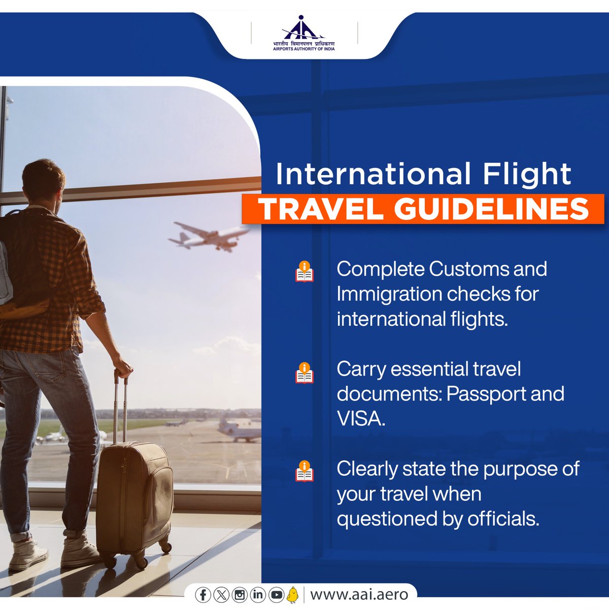 AAI_Official's tweet photo. When embarking on an international flight, it is imperative to undergo Immigration and Customs checks. Make certain that you possess all the requisite travel documents, including your Passport and VISA. https://t.co/4iPFqxaWMu