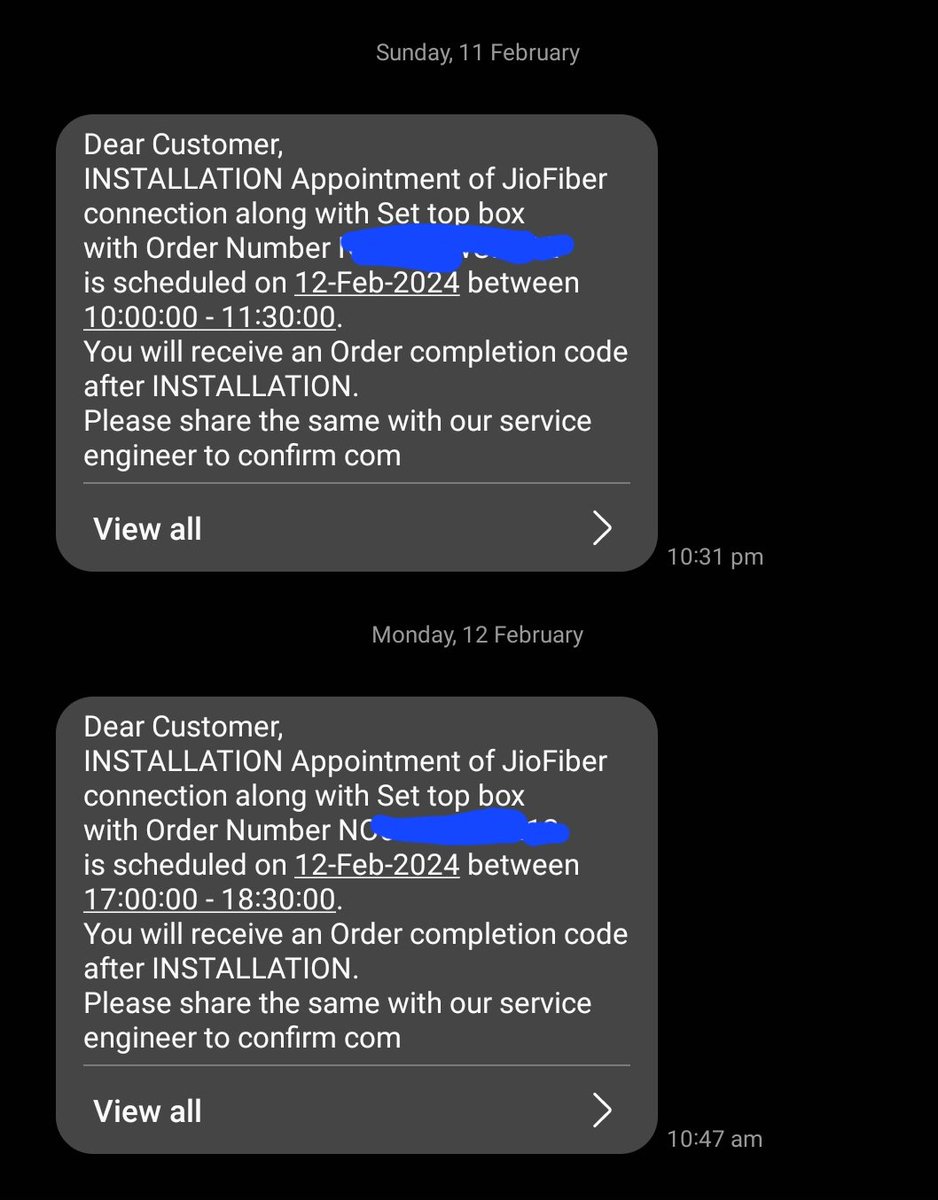 emanurag's tweet photo. Utter nuisance going on, just rescheduling for the sake of it. 

When they book an order there customer isn't given an option to reschedule nor the customer care was able to.

While jio engineers is free to reschedule on their own will

@JioCare @ril_foundation @reliancejio https://t.co/xXHiQvjQYN