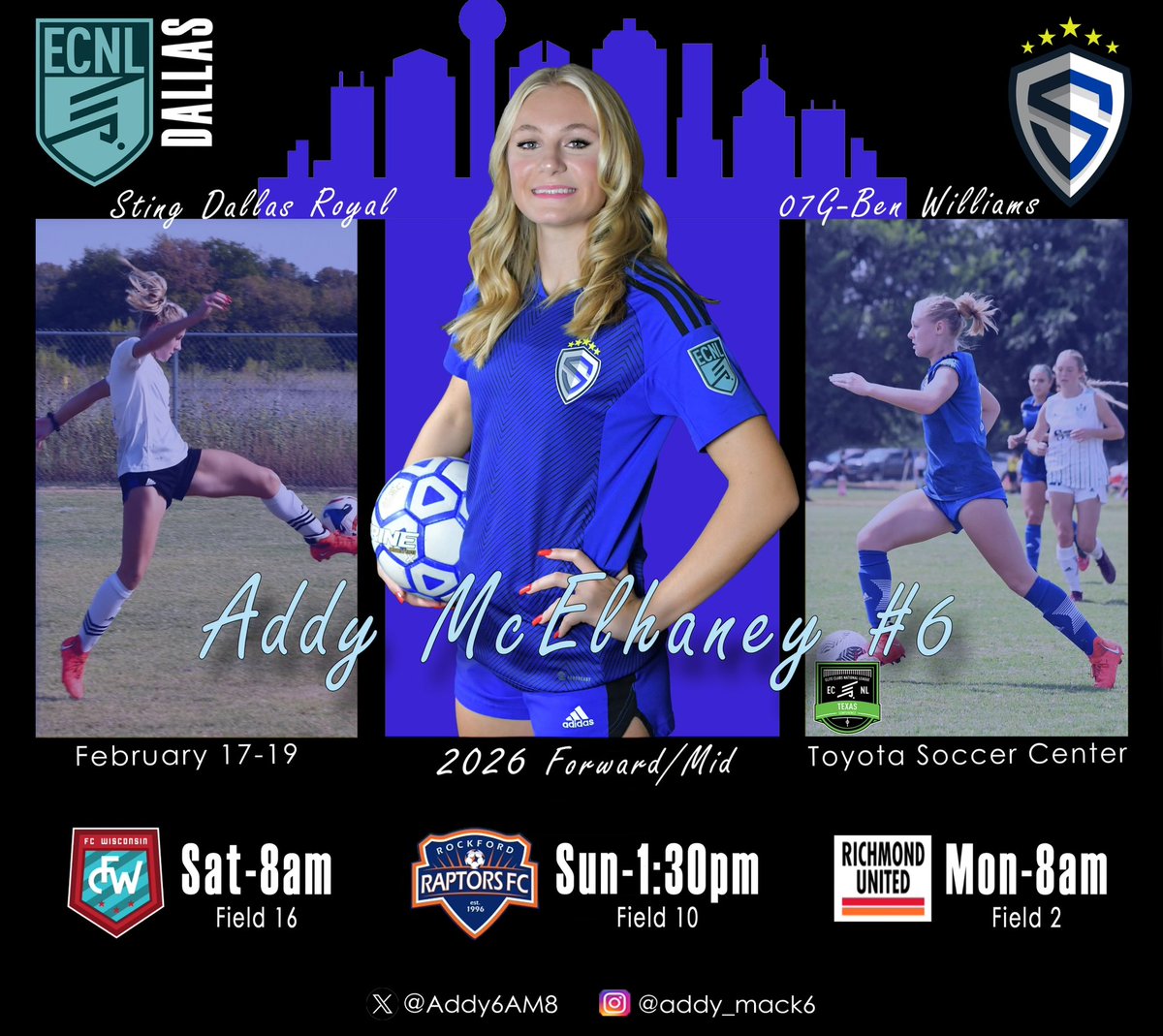Come support Sting Royal this coming weekend at the Dallas ECNL showcase!! Can’t wait to get back on the field #soccerwire #soccerecnl #ecnlgirls #collegesoccer