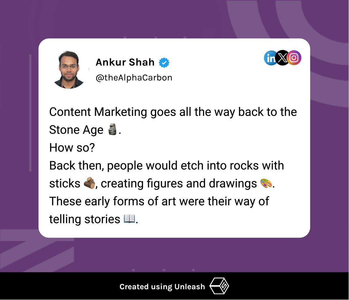 Content Marketing goes all the way back to the Stone Age 🗿.
How so?

#ContentMarketingEvolution #StoneAgeStorytelling #VisualStorytelling #MarketingHistory #AncientArt #Storytelling #CreativeMarketing #DigitalStorytelling #MarketingStrategy #InnovativeCommunications