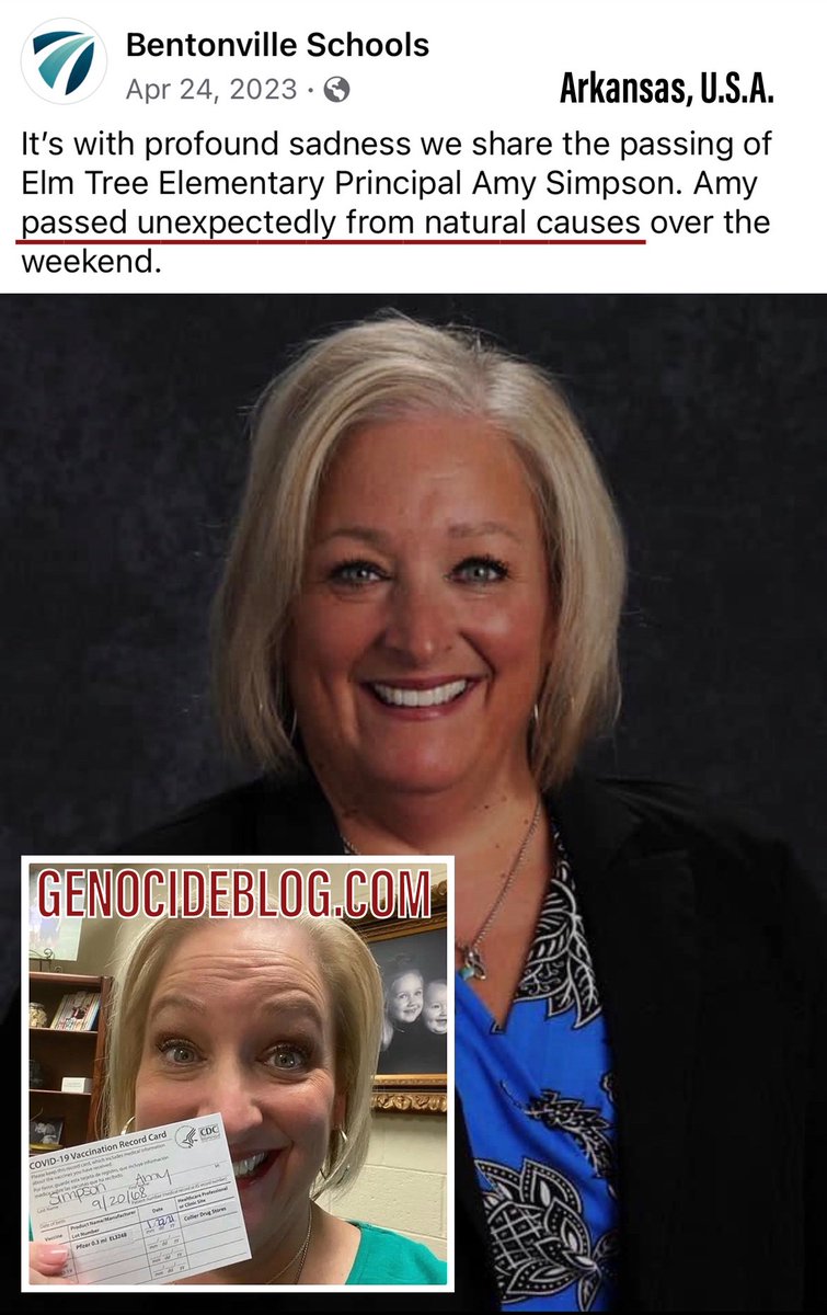 Forward from Jen StoptheJab 

April 2023: Elm Tree Elementary Principal Amy Simpson has died unexpectedly over the weekend from natural causes.

#DiedSuddenly 

5newsonline.com/amp/article/ne…

GenocideBlog.com