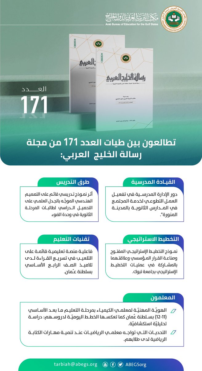 Abegsorg's tweet photo. #مكتب_التربية_العربي_لدول_الخليج يصدر العدد ١٧١ من مجلة #رسالة_الخليج_العربي ، الذي يتضمن ستة أبحاث في مجالات طرق التدريس، وتقنيات التعليم، والتخطيط الإستراتيجي، والقيادة التربوية.
 لتصفح العدد وتحميله كاملاً PDF، من خلال الرابط:
 https://t.co/pH4SwR3AQk https://t.co/uxpC2jU8dh