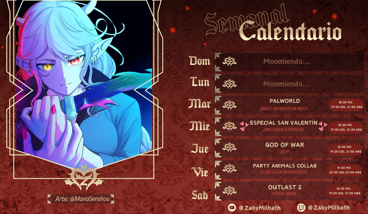 ZabyMilbath's tweet photo. 【CALENDARIO SEMANAL】
༺♛༻✧༺♛༻✧༺♛༻✧༺♛༻

¡Una semana llena de cositas creadas con mucho amor!  (ﾉ´ヮ`)ﾉ*: ･ﾟ💞

🟣Streams: https://t.co/iwepzPcf9i
🔴Vídeos: https://t.co/eFPlvwohXH 

TAGS:     
♛Live: #Zabylive
♛FanArt: #Rulezaby
♛Memes: #Lactomemes
♛OshiMark: 🐮🦇 https://t.co/FvsKbpYk5z