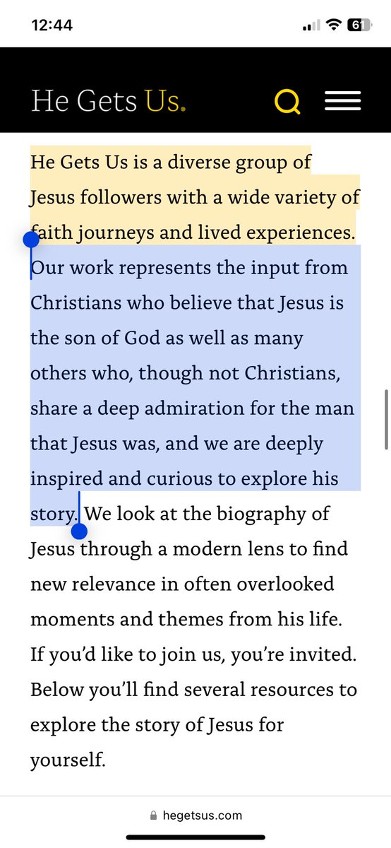 megbasham's tweet photo. So, it turns out the people behind the He Gets Us ads don’t all even claim to be Christians. It also includes ppl who don’t believe Jesus was the son of God but have a “deep admiration” for him and are “curious” about his story. This explains a lot.

https://t.co/TuFVmATAYM https://t.co/uzdKWts6Ch