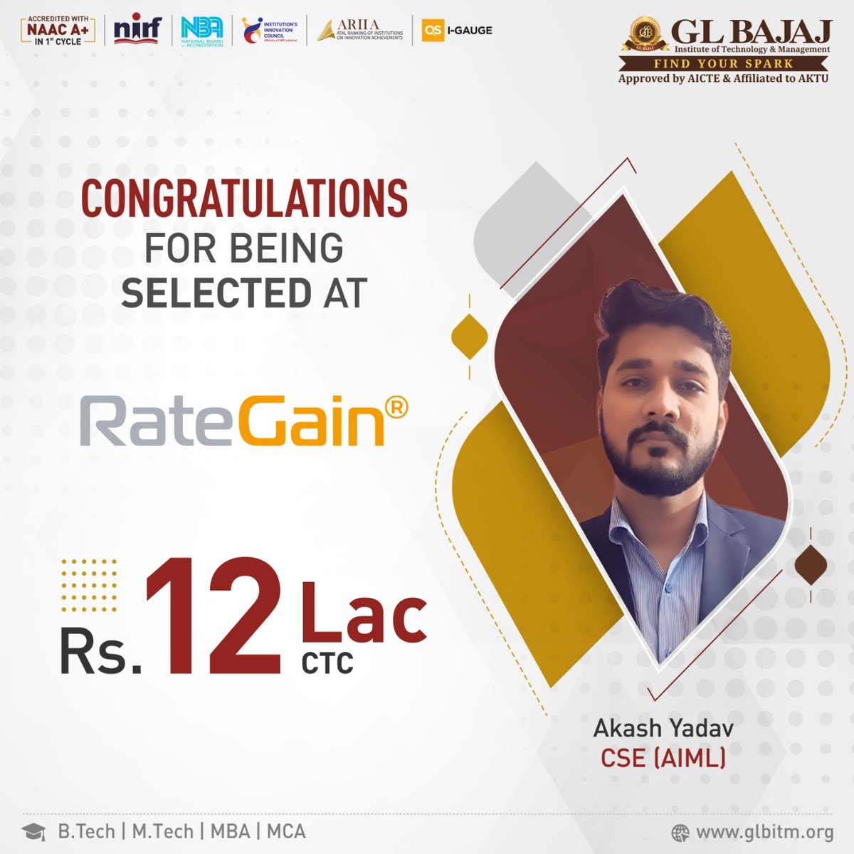 glbajaj's tweet photo. #GLBajaj (GLBITM) is extremely proud to share that Akash Yadav CSE(AIML) https://t.co/HcPhrKLBIS 2024 has been successfully placed at @RateGain at a package of Rs. 12 Lpa.
#glbitm #campusplacement #education #BTECH #BTechJob #Rategain #CSE #CSEAIML #jobs2024 #placements2024 https://t.co/zN0Ndc8xQ4