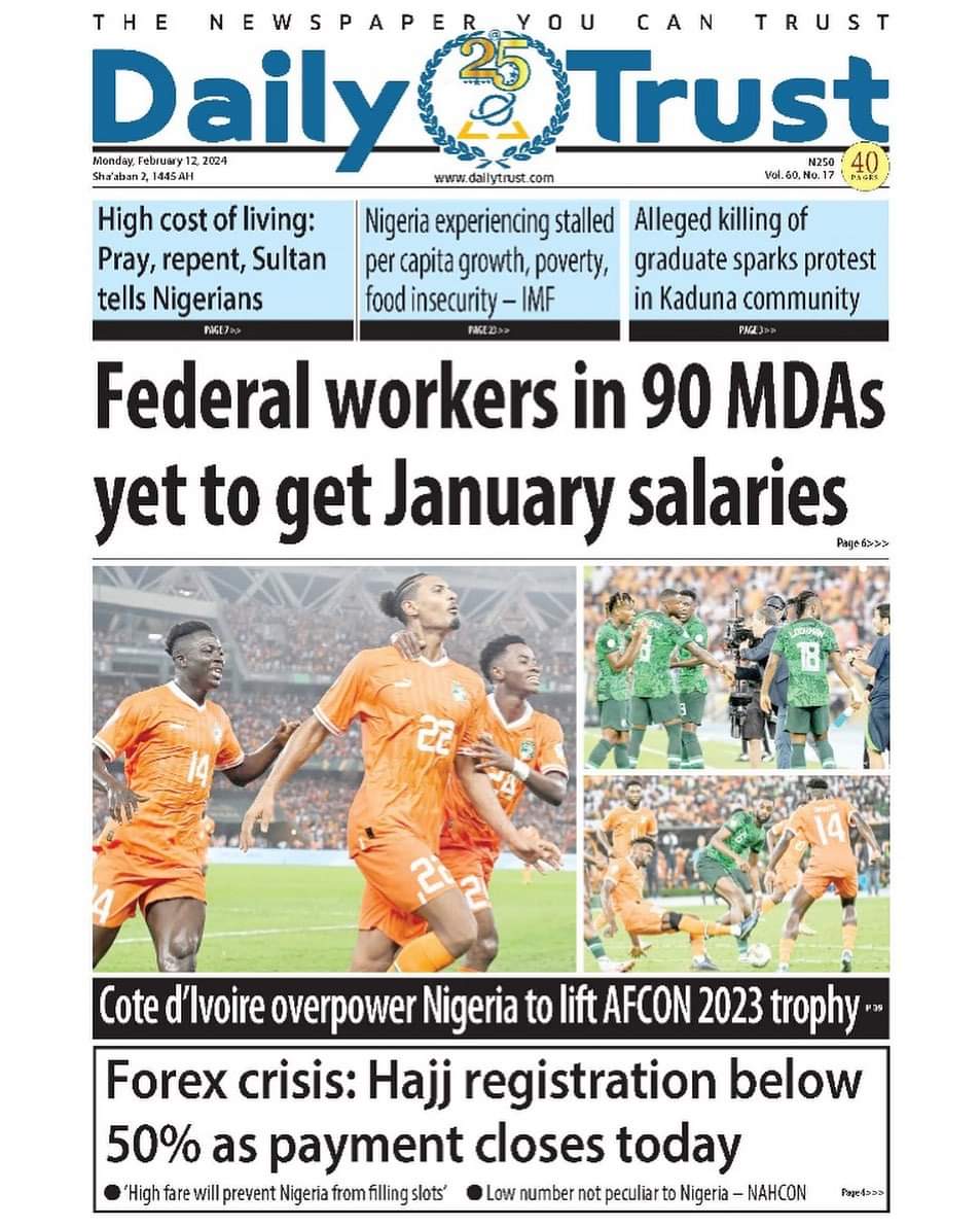 A thread containing major newspaper front pages. 12th February, 2024.

Open thread 👇

.... 
Silent night Burna No Valentine Desmond Elliot No Light Soso Ekong No Grammy #Afconfinals #NGACIV Ivory Coast Ivorians Usher