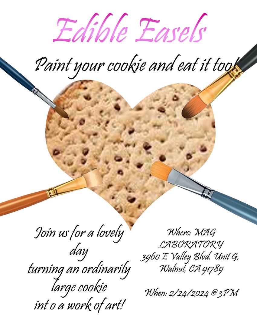 MAGLaboratory's tweet photo. Edible Easels: Paint your cookie and eat it too!
Join us for a  lovely day turning an ordinarily large cookie into a work of art!
 When: 2/24/2024 @ 3PM https://t.co/mCGkTWkl5f