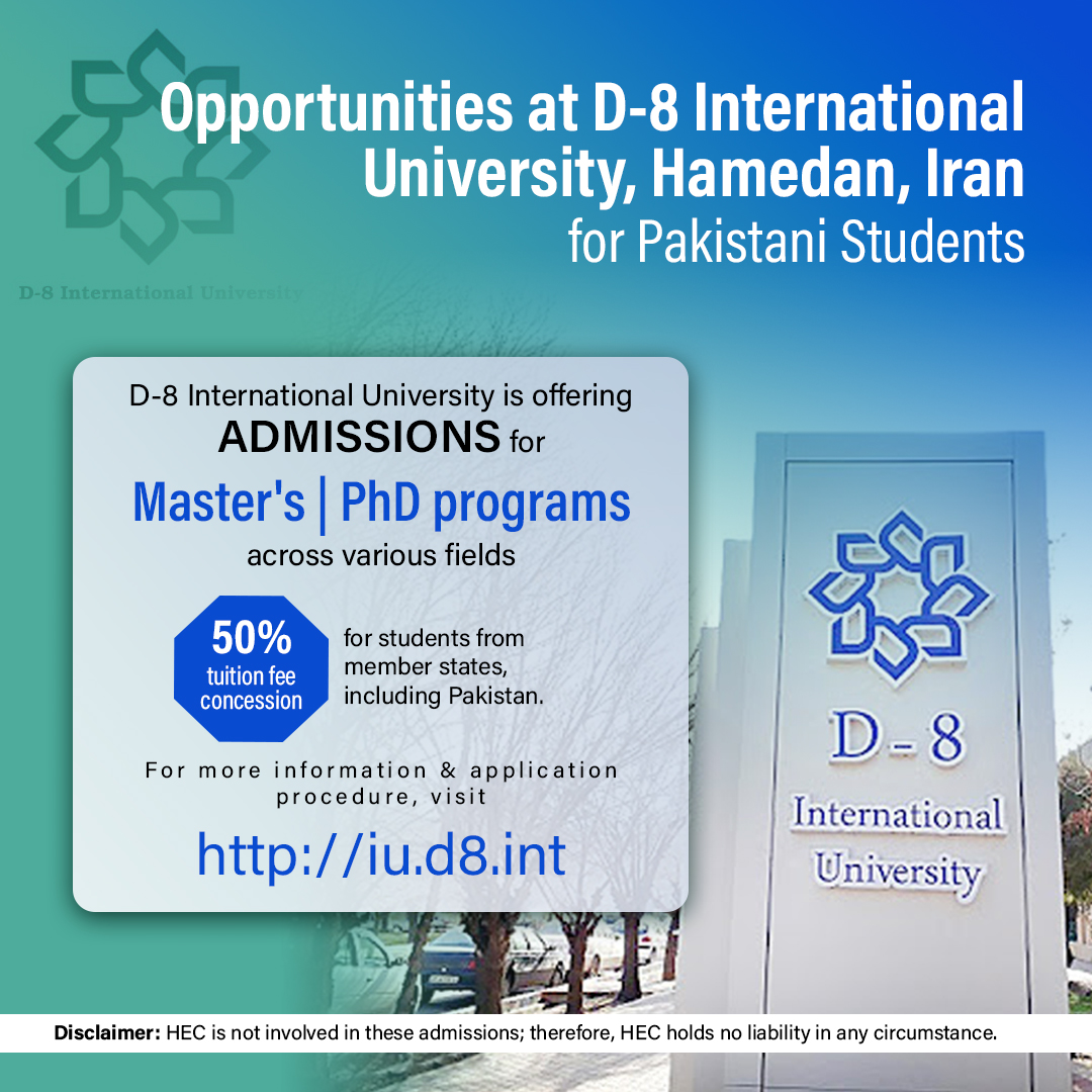 hecpkofficial's tweet photo. Admissions are open at D-8 International University, Hamedan, Iran, for Master's and Ph.D. programmes across various fields with a 50% tuition fee waiver for Pakistani students. 

Visit https://t.co/jtzVttG58y for more information and the application procedure. https://t.co/P0DqRjPuEX