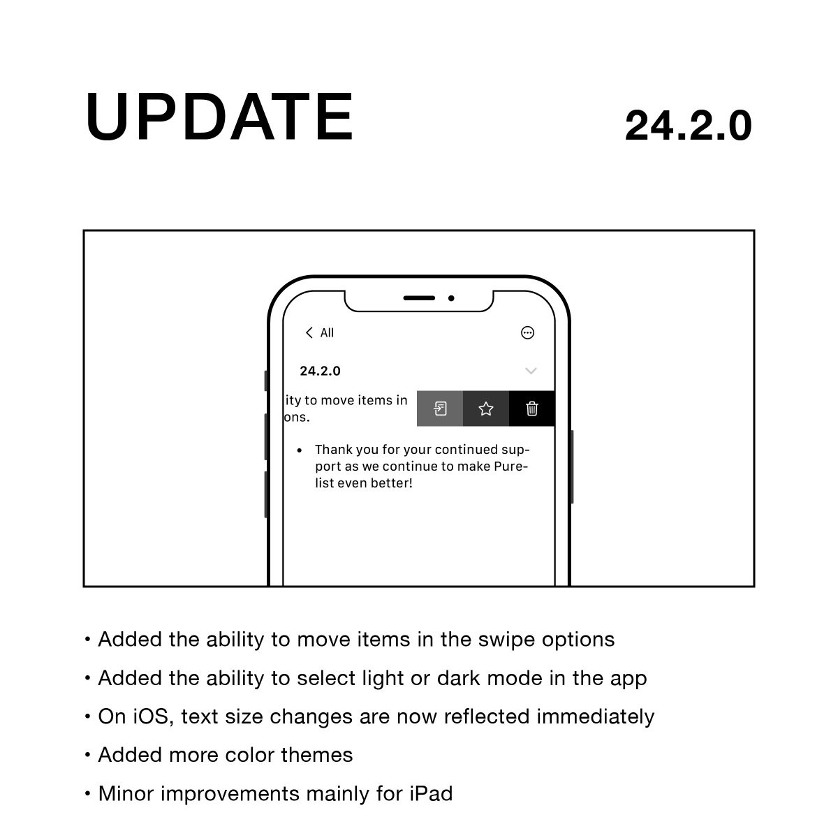 purelist_info's tweet photo. UPDATE v24.2.0
- Added the ability to move items in the swipe options.
- Added the ability to select light or dark mode in the app.
- Added more color themes.
- Minor improvements mainly for iPad.

Download: https://t.co/CAVMvXd1Od https://t.co/bRMWIsLnU9
