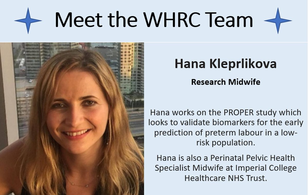 WHRCImp's tweet photo. Today we are highlighting Hana Kleprlikova for #MeetTheTeamMonday 👏 Hana is one of our Research Midwives who works on the PROPER study. PROPER looks to validate biomarkers for the early prediction of preterm labour in a low-risk population
#PreTermLabour #Research #Biomarkers https://t.co/VVx3niixXD