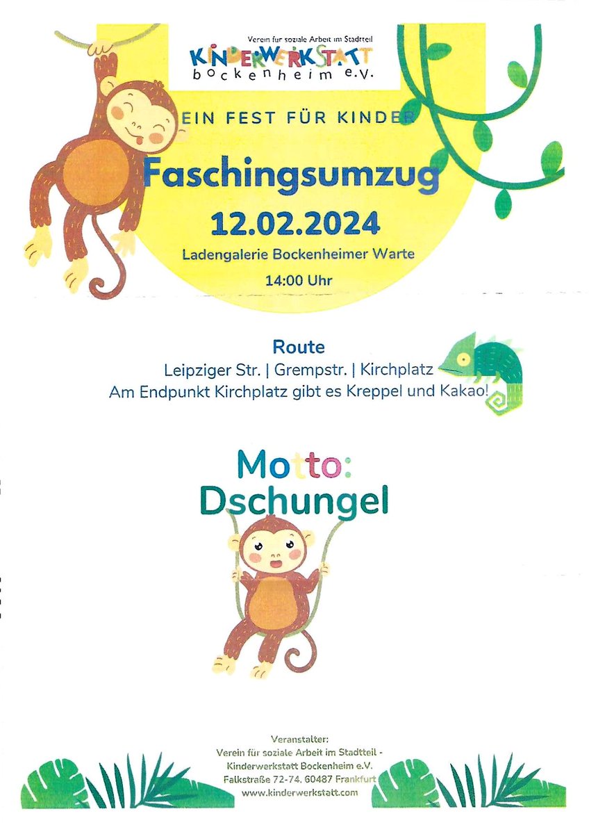 #Bockenheim-TIPP: Kinder Faschingsumzug am Rosenmontag 
Start: Ladengalerie, 14:00 Uhr, 
Ziel: Kirchplatz ... mit Kreppel &amp; Kakao

#Frankfurt
buff.ly/49b6zas
