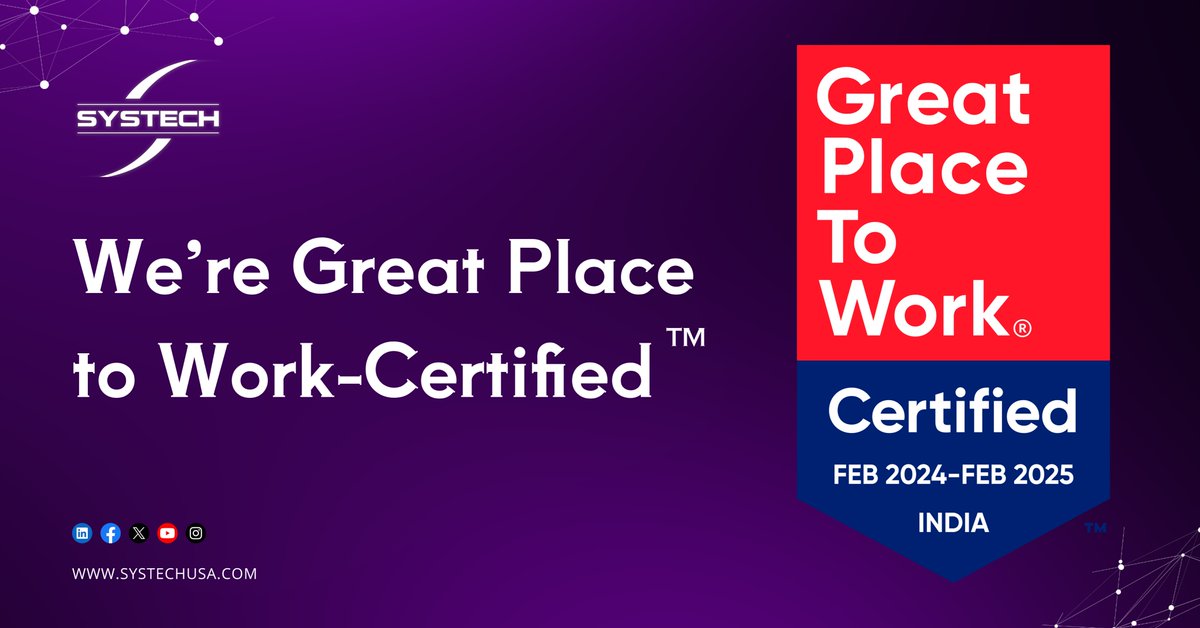systechusa's tweet image. 🥁 Drumroll, please!🎉Systech Solutions has officially been certified as a &quot;Great Place to Work&quot;!🏆We&apos;re beyond thrilled to share this news, affirming that our workplace truly rocks! Ready for the unbeatable Systech vibe?

systechusa.com/career/job-lis…

#GreatPlaceToWork #TeamSystech