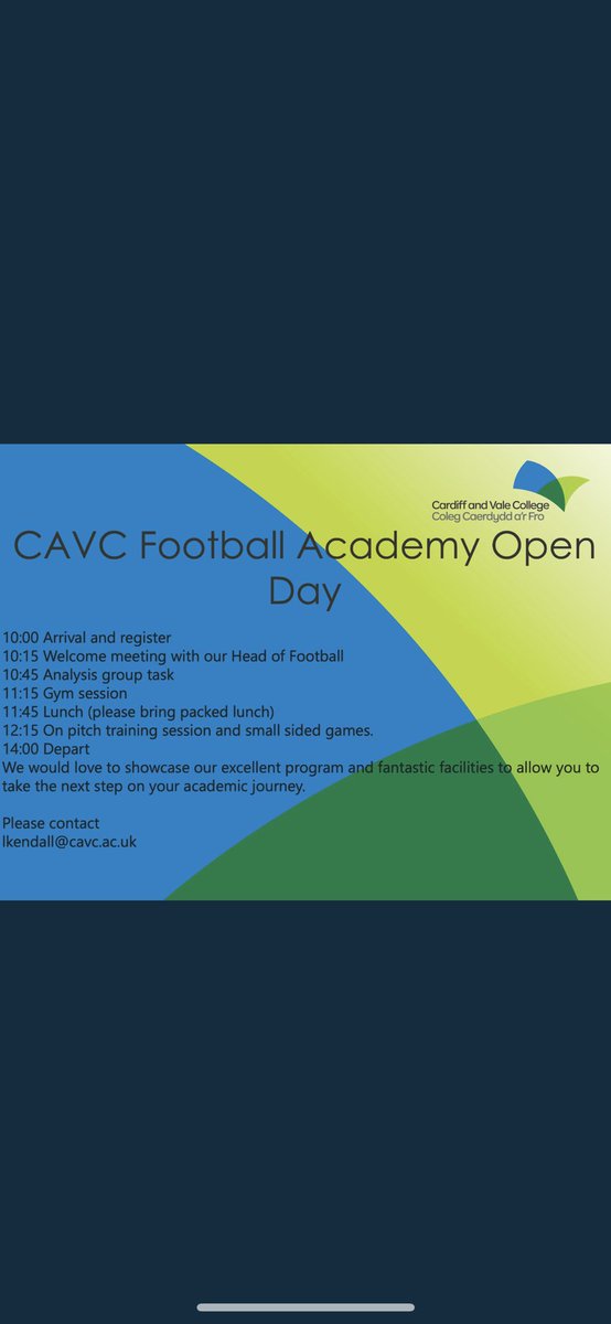 REMINDER⬇️ CAVC Football Academy Open Day Thursday 15th February 2024 at @CDFSportsCampus 10am - 2pm Do you play Football ? Do you want to combine study and be part of a Football Academy? Students looking to study 2024- 2025 @CAVC please see details below ⬇️