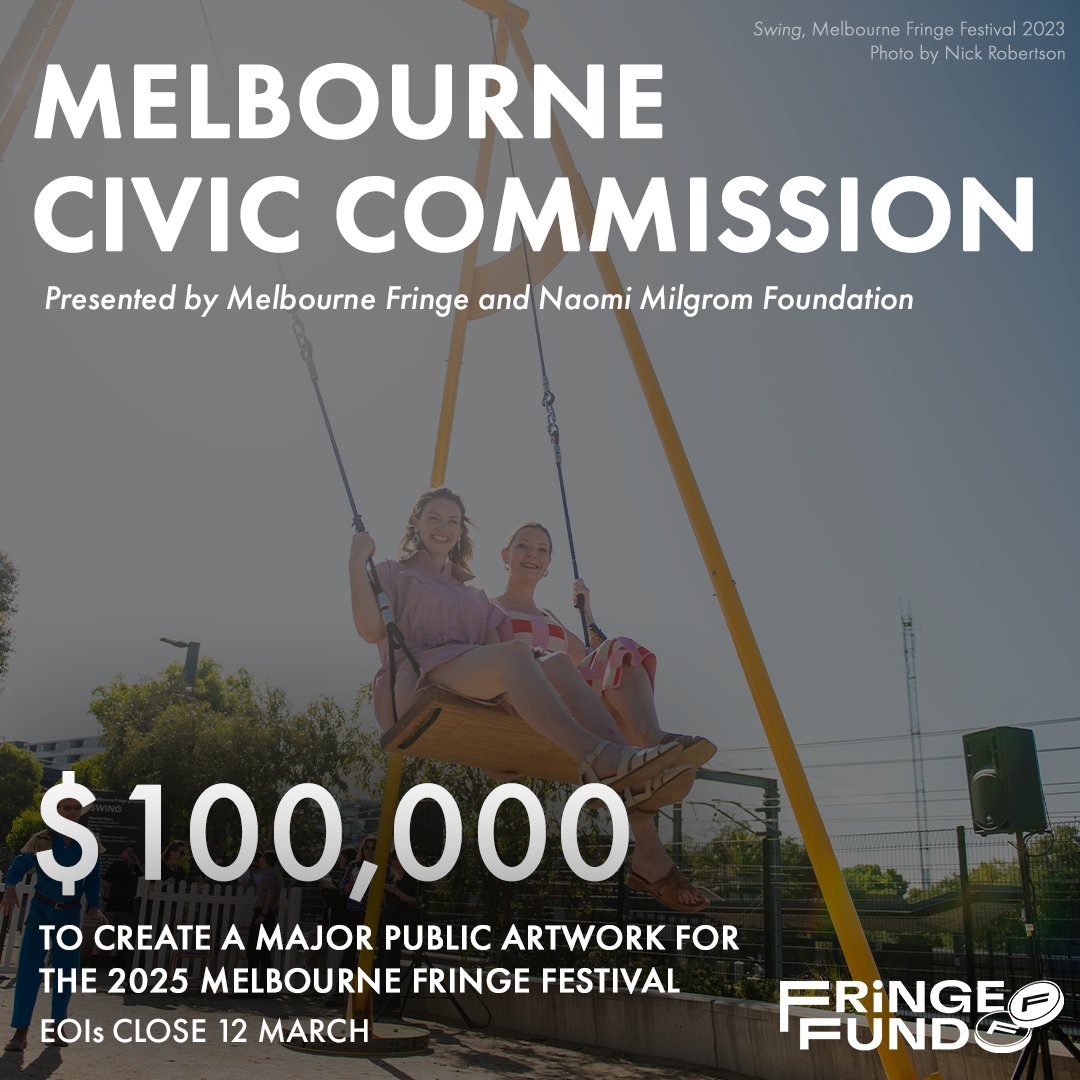 Our Melbourne Civic Commission, in partnership with the Naomi Milgrom Foundation, offers $100,000 for an independent artist to create a new public artwork which will premiere at the 2025 Melbourne Fringe Festival. Find out more here: melbournefringe.com.au/fringe-sector-…