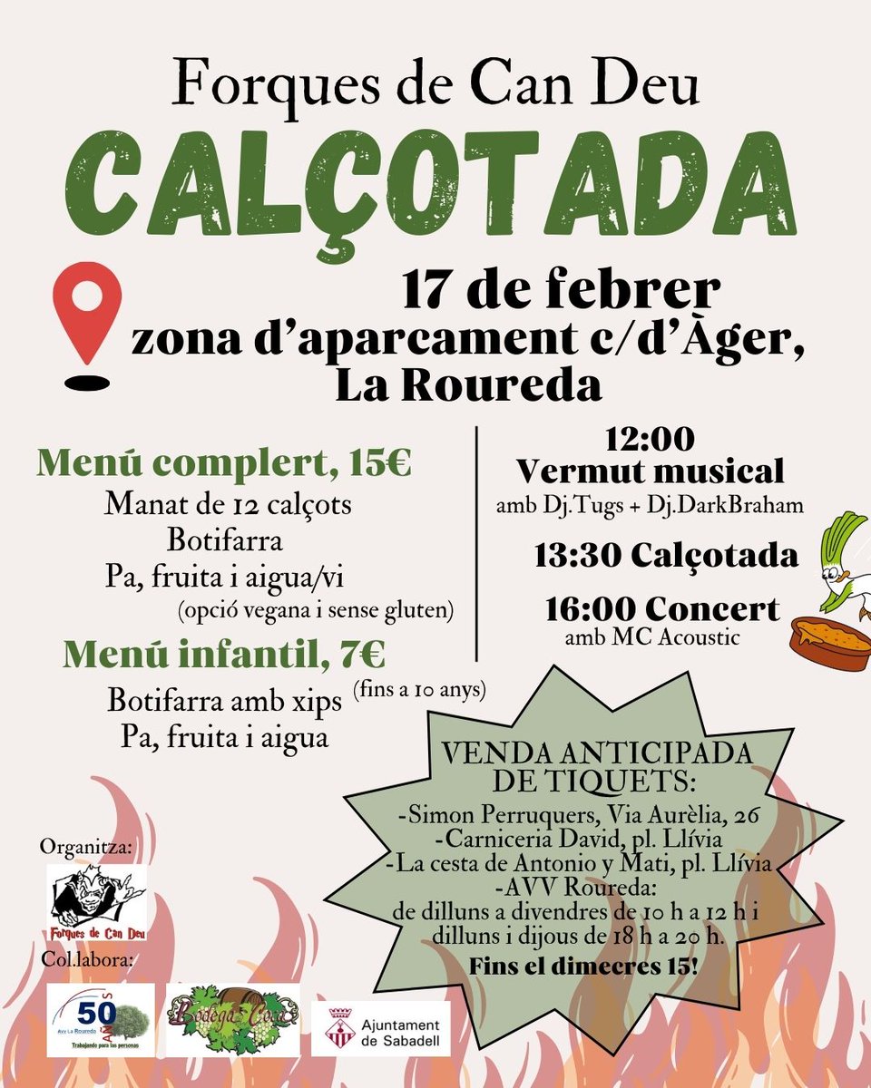 Próximo sábado 17 de febrero calçotada venta de tickets en la asociación, carnicería David,la cesta de Antonio y Mati hasta el próximo jueves 15 no té quedes sin tú ticket pasaremos un rato divertido