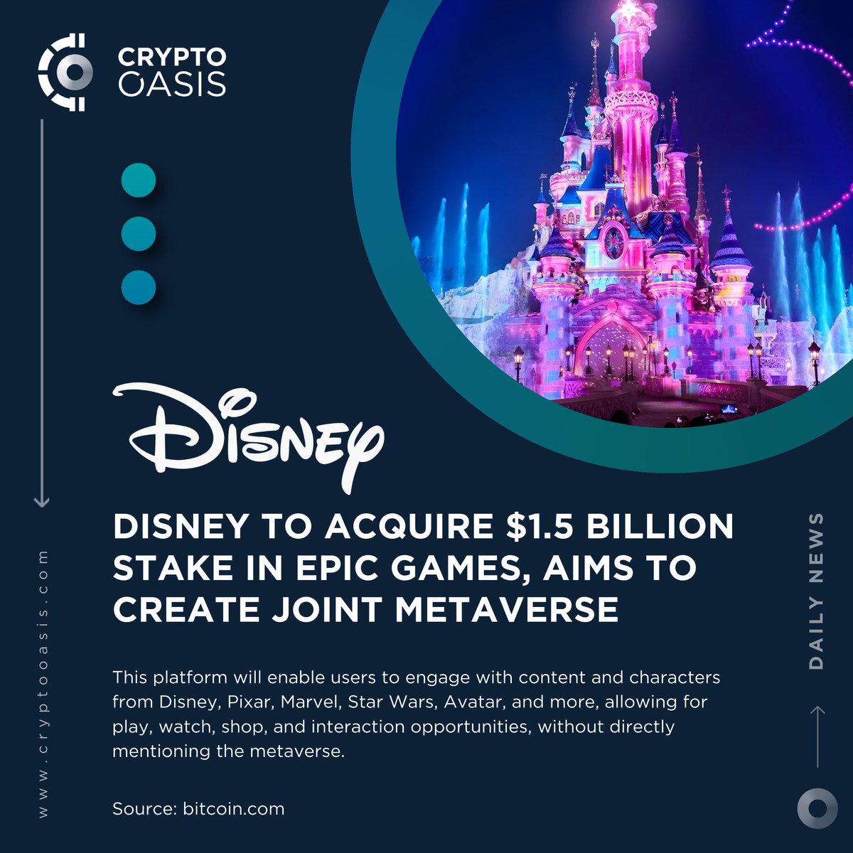 📢 Crypto Oasis Daily News @Disney, a leading entertainment giant, has  announced its acquisition of a $1.5 billion share in @EpicGames, the  creators of the popular #metaverse platform, @FortniteGame. Learn more:  https://t.co/AjfMy8Yad7
