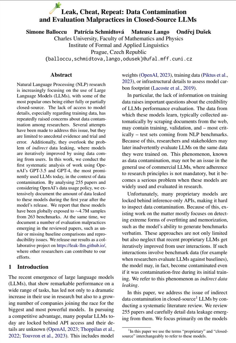 Leak, Cheat, Repeat: Data Contamination and Evaluation Malpractices in Closed-Source LLMs

paper: arxiv.org/abs/2402.03927

"we extensively document the amount of data leaked to these models during the first year after the model's release. We report that these models have been