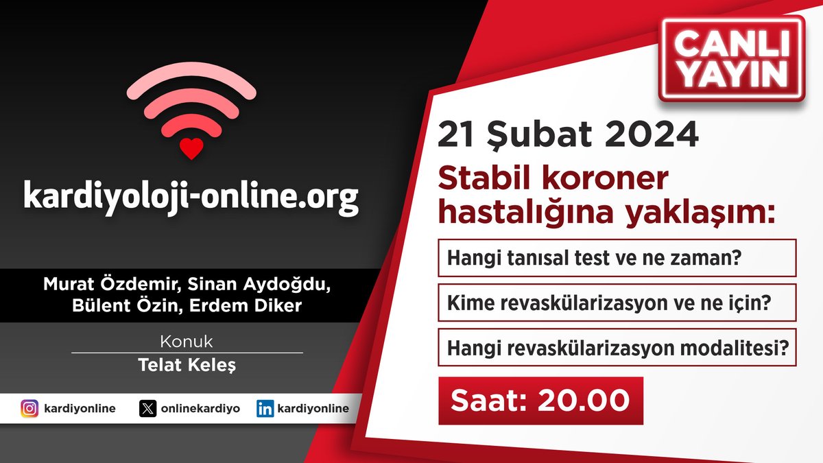 Kalp Hastalıkları Derneği'nin online platformu olan kardiyoloji-online.org un 21. Şubat. 2024 toplantısının konusu Stabil koroner hastalığının (başka bir ifade ile kronik koroner sendromların)  tanı ve tedavisindeki gri noktalar. 
Girişim taraftarları ile ilaç tedavisi