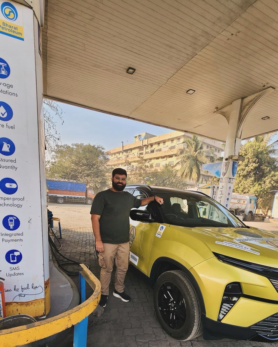 NBDrives's tweet photo. Started the first leg of my big road trip across the Golden Quadrilateral! First fuel stop just outside Bombay at the @bpclimited petrol pump . #AtalYatra #GoldenQuadilateral 

Car I’m driving is a @tataharrier sponsored by @tatamotorscars 

#BPCL #bharatpetroleum 
#roadtrip https://t.co/UNfGEQ0jT9