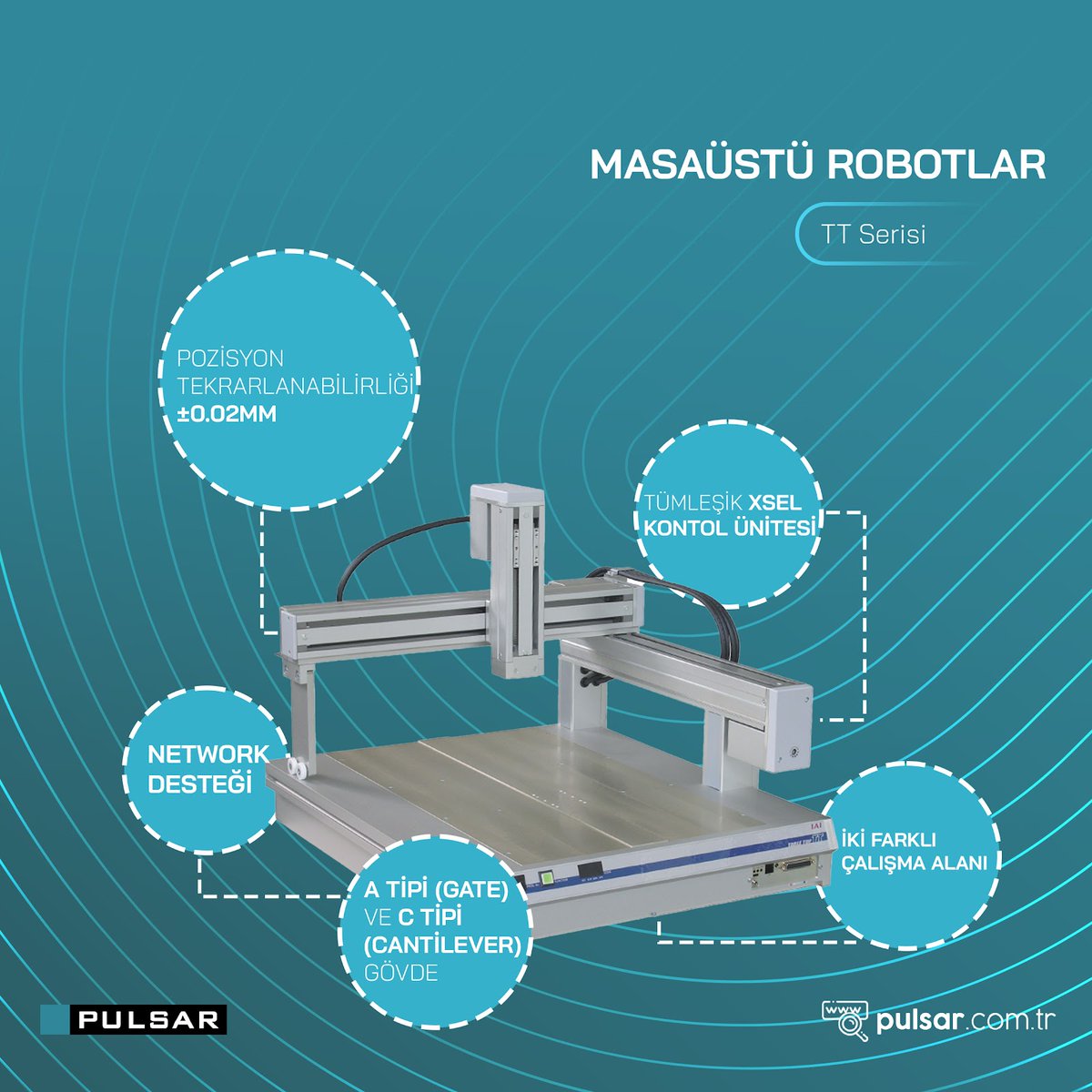 TT Serisi, 2/3 eksenli Pulse motorlu kartezyen, kompakt, kontrol sistemini kendi gövdesi içinde barındıran, masaüstü robot serisidir. #pulsarrobotik #iai #tt #masaüstürobot #robot #robotic #robotik #üretim #sanayi #industry