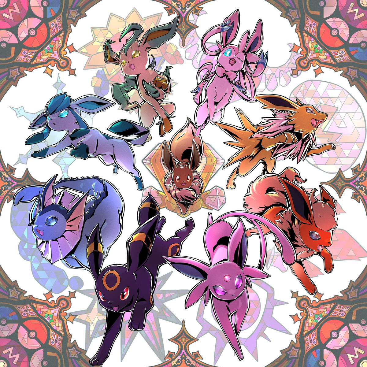 eevee ,espeon ,flareon ,glaceon ,jolteon ,leafeon ,sylveon ,umbreon ,vaporeon no humans pokemon (creature) blue eyes stained glass open mouth purple eyes yellow eyes  illustration images