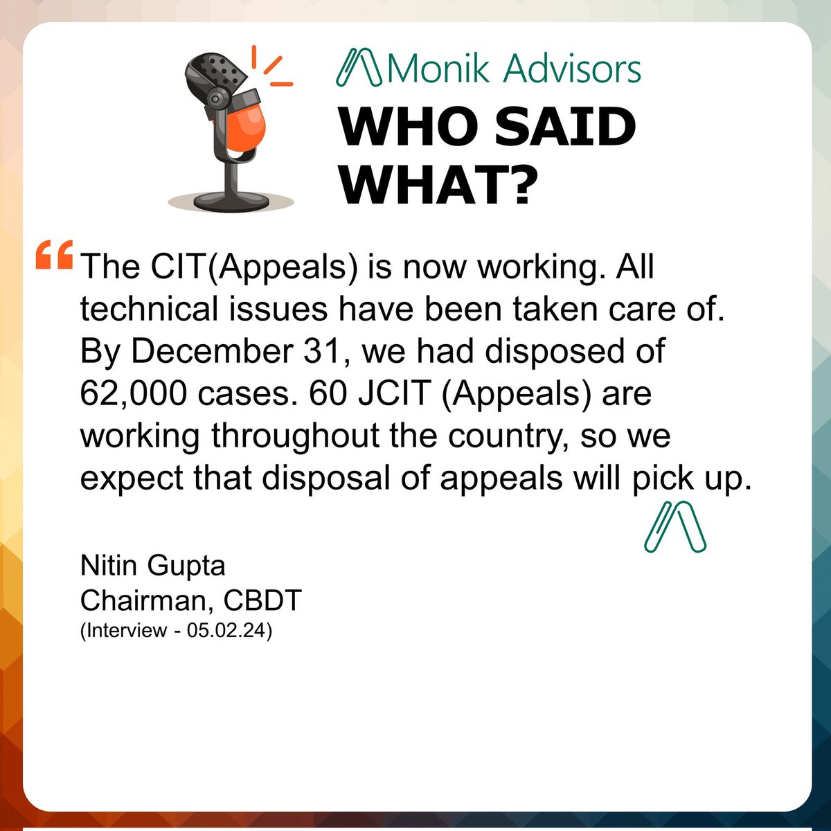 The status of pendency at CIT(Appeals) was explained by the chairman of the Central Board of Direct Taxes (CBDT) recently. 
. 
. 
. 
#TaxLitigation #CBDT #Incometax #Monikadvisors