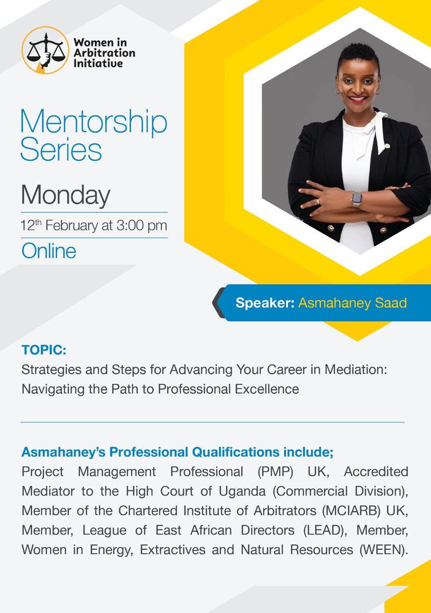 Join us today at 3pm  for a mind stimulating discussion.

We will be delving into the topic of ‘Strategies and steps for advancing your career in Mediation’.

Make sure to join the conversation which will be online.
Google meet: meet.google.com/eyt-exyy-foz 

#womeninarbitration