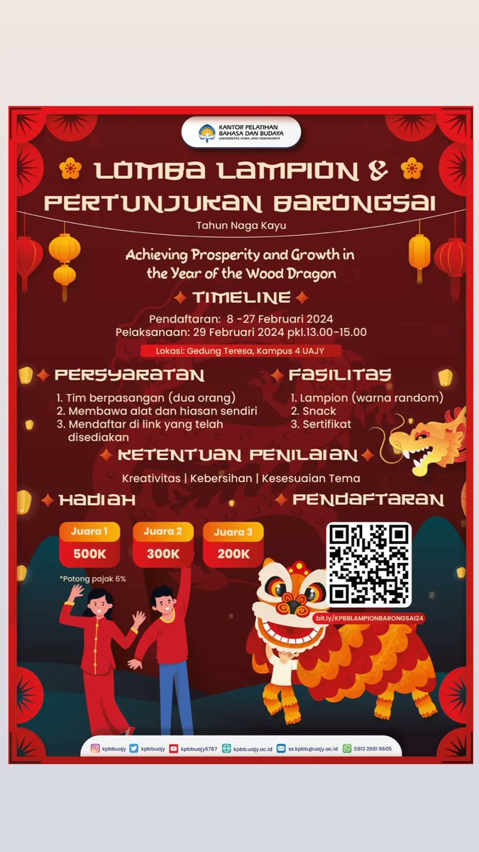 kpbbuajy's tweet photo. Dalam rangka memeriahkan Chinese New Year 2024,
Kantor Pelatihan Bahasa dan Budaya Universitas Atma Jaya Yogyakarta akan mengadakan Lomba Lampion dan pertunjukan barongsai loh 🎉🎉

untuk informasi lebih lanjut silakan cek poster atau reply tweet ini ya 😊🙏

Gōng Xǐ Fā Cái🐉 https://t.co/HF2EaG4Ciq