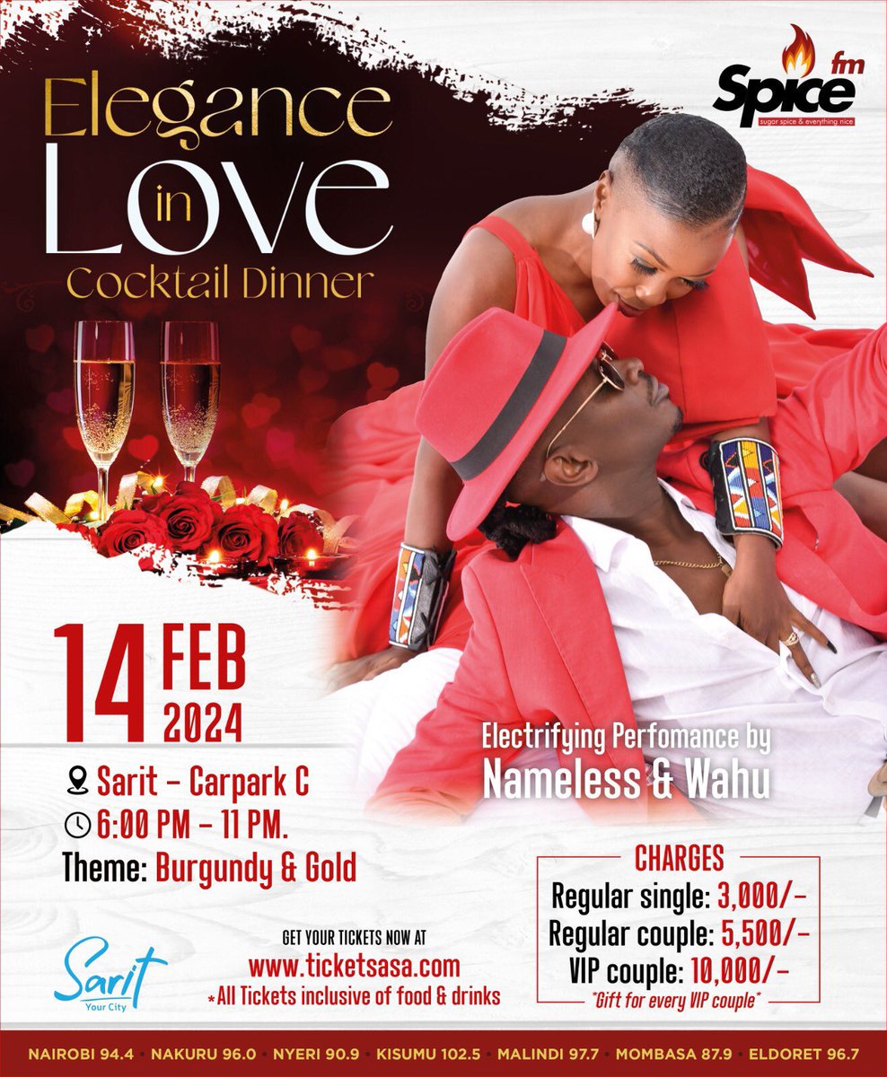 SpiceFMKE's tweet photo. Counting hours to Valentine's Day!
Get your tickets today!! Ticket inclusive of a 3-course meal and a drink.
Tickets: https://t.co/YnZt1mmQIr…
#CountdownToValentines #WhispersofLoveAtSarit
@ticketsasa @SaritYourCity @namelesskenya @wahukagwi https://t.co/tO2aPJQ5se