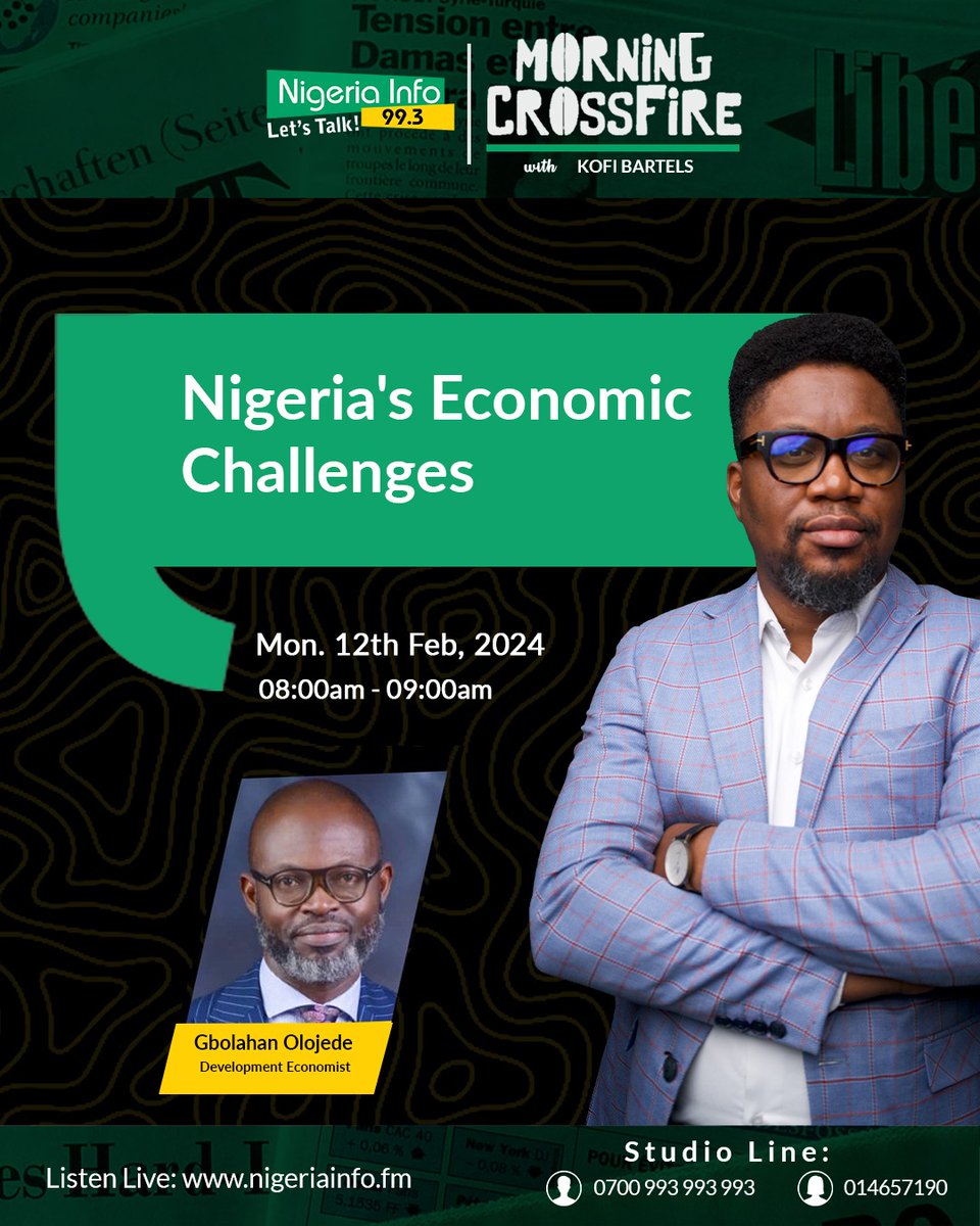 Today on the #MorningCrossfire,  discussing Nigeria's pressing economic challenges and way forward. 

Listen 🎧 online at nigeriainfo.fm

Also streaming on YouTube and Facebook. 

| Sack Usher Nigerians Israel Nwabali Ghana |