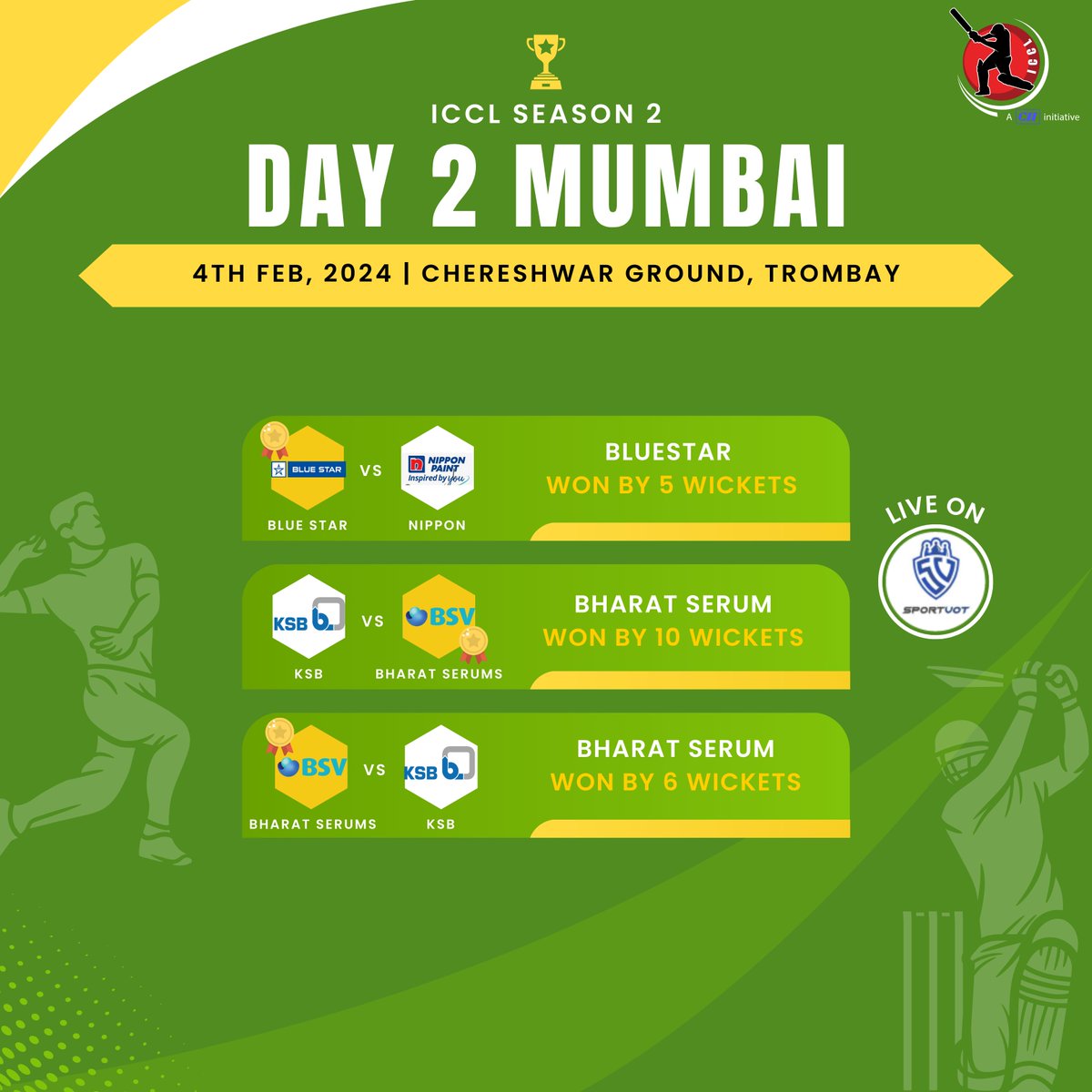 ICCL_ICCL's tweet photo. Exciting matchups unfolded in Mumbai on 3rd and 4th February, and the results are in! 🏏✨ Catch all the action and drama live on SportVot as teams battled it out on the field. Stay tuned for the thrilling highlights and unforgettable moments from these epic clashes! 🌟🔥 https://t.co/W5nE1ymold