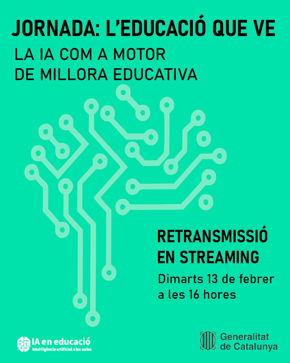 xtec's tweet photo. Demà podeu assistir, mitjançant una retransmissió en streaming, a la Jornada La IA com a motor de la millora educativa. Només cal que us connecteu a les 16 hores al canal Youtube amb aquest enllaç 👇. 

📅 13 de febrer, a les 16 hores

🔗 https://t.co/ucMxdvD7l7

#AlsCentres https://t.co/vhcJqwF5Bu
