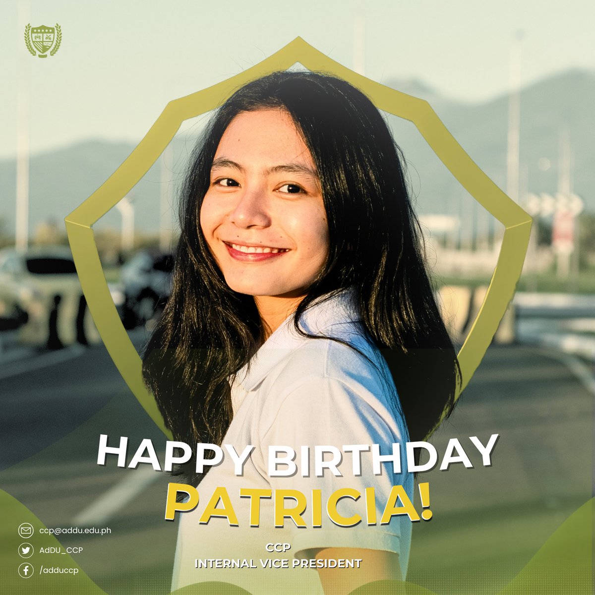 AdDU_CCP's tweet photo. February 12 | Happy birthday to our Internal Vice President, the "Kathryn Bernardo of CPP," Maria Patricia Casia! 💛

May this year be filled with new journeys and fun experiences! Continue to have the heart to serve and lead the community with passion and determination. 🥳 https://t.co/FgFmefaSk0