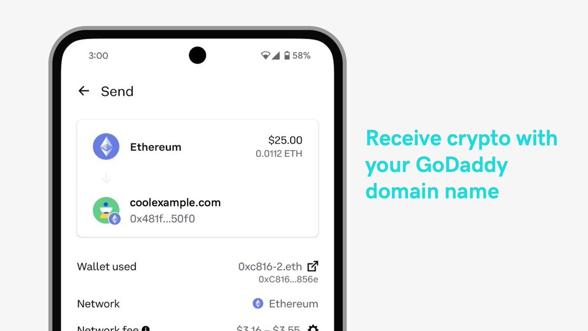ThreeBlocks_eth's tweet photo. GodaddyとENSの連携は、ensアドレスでウェブサイトにアクセスできるってよりも、.comでENS経由でクリプトの受取りが出来るって話？

BanklessではCloudflareどうこうって話してたけど、その説明は見当たらないなー。 https://t.co/6HjmDTM2Xv