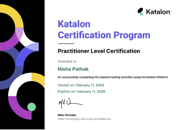 goCopious's tweet image. #Congratulations to Nisha Patahak at @gocopious for achieving the Katalon Practitioner Level Certification! 🚀 Your commitment to professional growth is truly commendable. 👏 #CertificationAchievement  #TestAutomation #ProfessionalDevelopment #CopiousTeam @KatalonPlatform