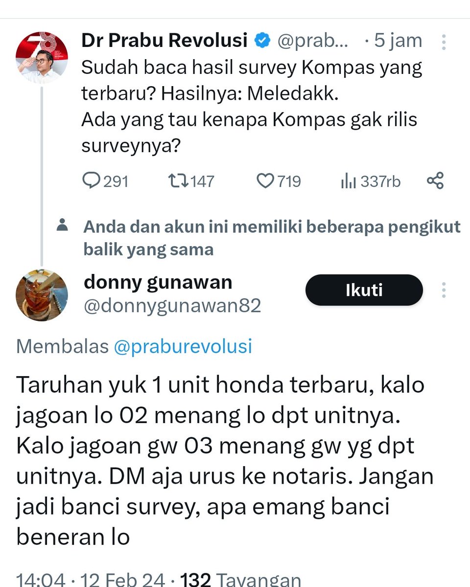 Model ginian udah ada 2 yg diajakin taruhan,anehnya kubu yg merasa di atas angin gegara hasil survey kagak nanggepin,,kalo emang udah yakinmah sikat aja,,kan pasti menang..atau jangan jangan...