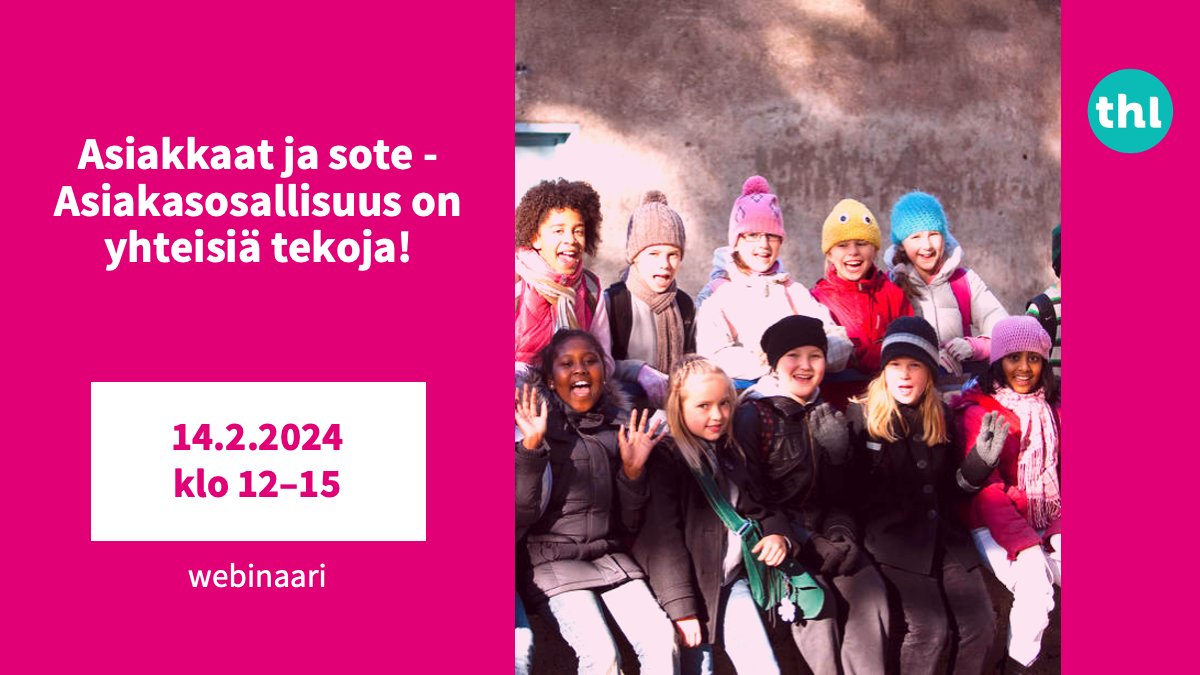 Vielä ehdit: Asiakkaat ja sote 2024 -webinaarissa 14.2. 👇🏼 💡syvennämme ymmärrystä asiakasosallisuudesta 🔎 teemme näkyväksi onnistumisia asiakasosallisuuden toteutumisesta erilaisissa tilanteissa. Tänään vielä ehdit ilmoittautua 👇🏼 thl.fi/ajankohtaista/… #asiakasosallisuus