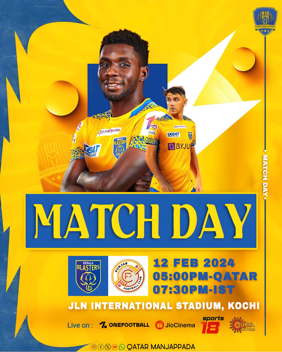 Can't wait to see the Blasters light up the JLN International Stadium tonight! Let's go Kerala! #KeralaBlasters #MatchDay